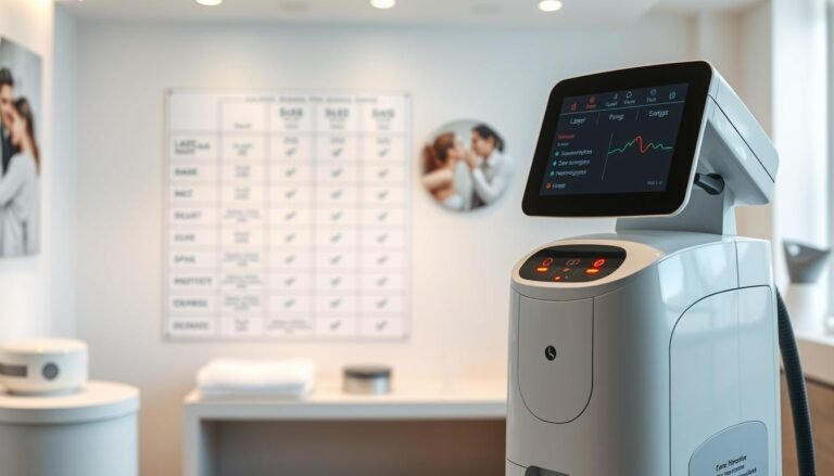 A modern laser hair removal device showcased in a clean, clinical setting. In the foreground, a sleek, advanced laser machine is displayed, emphasizing its high-tech design with illuminated control panels. The middle ground features a well-organized comparison chart on the wall, highlighting various laser hair removal technologies, their price points, and key features. Soft, diffused lighting enhances the professionalism of the scene, creating a calm yet informative atmosphere. The background includes blurred images of a spa-like environment with neutral tones, emphasizing hygiene and sophistication. The overall mood is educational and inviting, perfect for illustrating the factors influencing laser hair removal pricing without any human subjects.