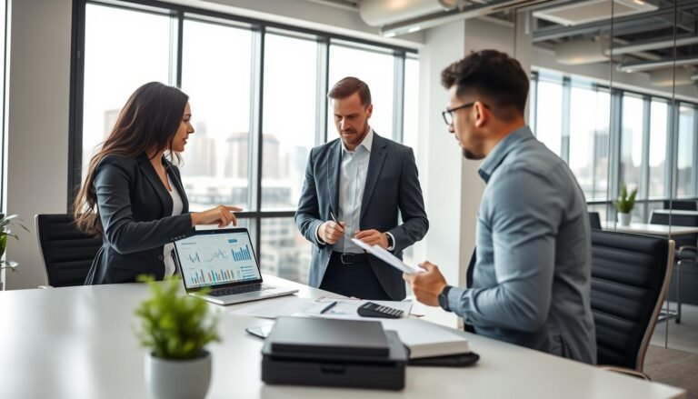 A professional accounting team from OneStart is collaborating in a modern office setting. In the foreground, a diverse group of three professionals, two men and one woman, are engaged in a discussion. The woman is pointing at a laptop screen displaying financial graphs, wearing a tailored business outfit. The men are taking notes, dressed in smart casual attire. In the middle ground, a contemporary office desk with accounting materials like documents and calculators is neatly arranged, complementing a bright, organized workspace. In the background, large windows let in soft, natural light, highlighting a skyline view. The mood is focused and collaborative, emphasizing productivity and professionalism, captured from a slightly elevated angle to showcase the teamwork and environment.