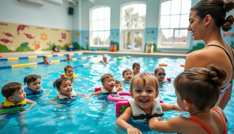 A vibrant children's swimming class in a bright, inviting indoor pool environment. In the foreground, a group of children, aged 5-8, wearing modest swim gear with safety floatation devices, engage in playful activities under the attentive supervision of a certified instructor dressed in professional swim attire. The middle ground features colorful swimming aids and toys scattered around, enhancing the learning atmosphere. In the background, large windows let in ample natural light, revealing a sunny day outside, while friendly wall murals depicting aquatic life add to the playful mood. The scene conveys a sense of joy, safety, and community, beautifully capturing the essence of early swimming education. The angle is slightly elevated to encapsulate the dynamic interactions in the class, showcasing both guidance and enjoyment.