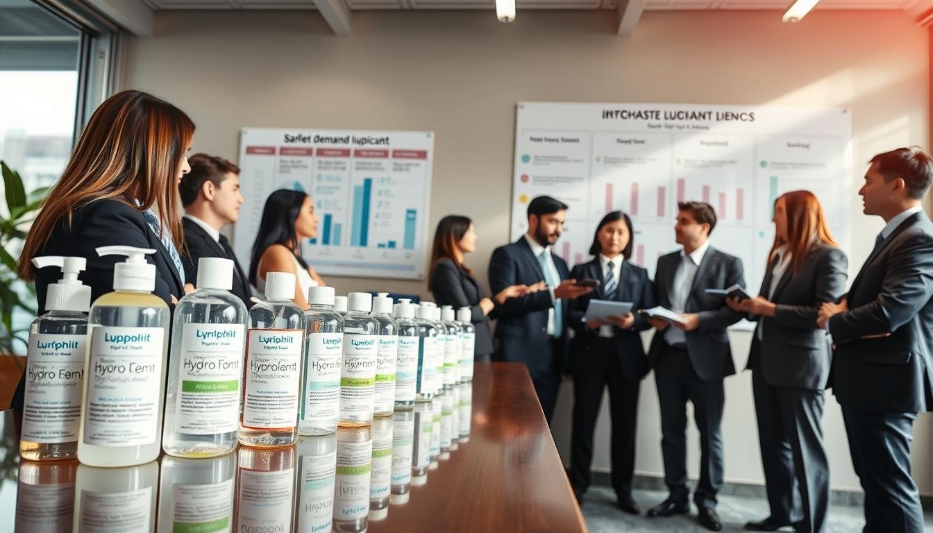 A professional and informative scene set in a modern, clean office environment focused on the topic of safe purchasing standards for intimate lubricants in Hong Kong. In the foreground, a well-organized table displays various lubricant products with clear labels emphasizing hydrophilic ingredients, highlighting their suitability for sensitive skin. The middle ground features a diverse group of professionals in business attire, engaged in a thoughtful discussion while analyzing product specifications and safety standards. In the background, a wall-mounted chart illustrates market demand trends in Hong Kong, with infographics depicting consumer preferences. Soft, natural lighting filters through large windows, creating an inviting and calm atmosphere, emphasizing professionalism and diligence in product selection. The angle showcases depth, allowing viewers to feel immersed in the informative setting.