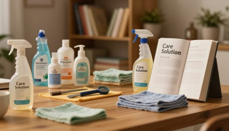 An elegant workspace that reflects the theme of maintenance and care, featuring a beautifully arranged display of care products such as cleaners, microfiber cloths, and instructional guides. In the foreground, a soft-focus close-up of a bottle labeled 'Care Solution' with a sleek design. In the middle, a wooden table showcasing well-organized tools and products in warm, inviting tones. The background consists of a softly blurred shelf filled with neatly arranged books and decorative plants, creating a cozy and intimate atmosphere. Soft, warm lighting enhances the scene, giving a cinematic feel, while the 4:3 aspect ratio captures the essence of care and attention. The overall mood is professional yet inviting, ideal for illustrating the importance of maintenance and cleanliness.