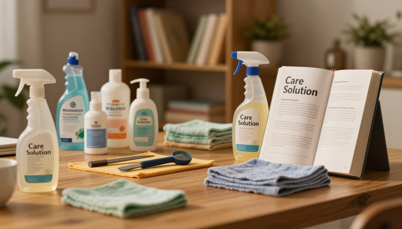 An elegant workspace that reflects the theme of maintenance and care, featuring a beautifully arranged display of care products such as cleaners, microfiber cloths, and instructional guides. In the foreground, a soft-focus close-up of a bottle labeled 'Care Solution' with a sleek design. In the middle, a wooden table showcasing well-organized tools and products in warm, inviting tones. The background consists of a softly blurred shelf filled with neatly arranged books and decorative plants, creating a cozy and intimate atmosphere. Soft, warm lighting enhances the scene, giving a cinematic feel, while the 4:3 aspect ratio captures the essence of care and attention. The overall mood is professional yet inviting, ideal for illustrating the importance of maintenance and cleanliness.