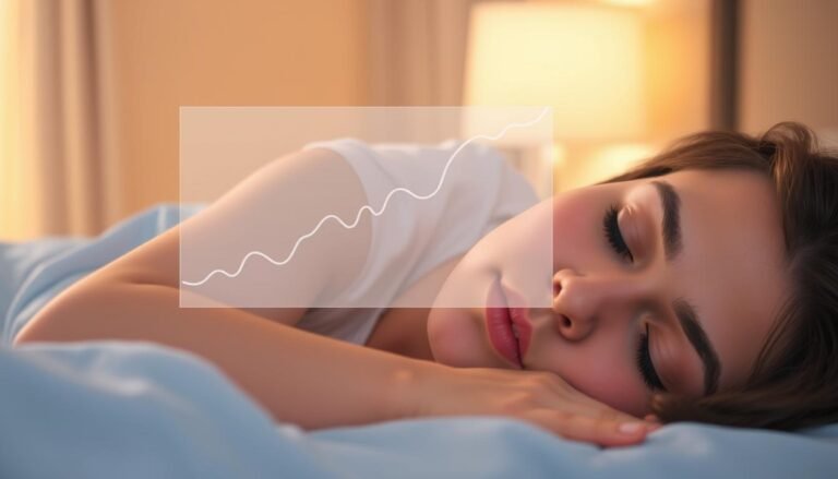 A close-up illustration depicting the concept of snoring and its health risks. In the foreground, a serene bedroom scene features a person sleeping peacefully on their side, their face calm but with subtle indicators of snoring (like gentle sound waves). In the middle ground, an overlay of a transparent graph or silhouette highlighting potential health risks associated with snoring, such as sleep apnea or cardiovascular issues, softly lit. The background showcases a cozy atmosphere with soft, warm lighting from a bedside lamp, enhancing tranquility. The image should evoke a sense of concern and awareness regarding health, while maintaining a calm and inviting feel. Use a realistic style with a focus on human expression and gentle color tones. No text or captions, just imagery conveying the theme.