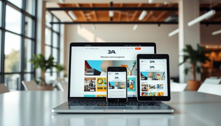 A dynamic workspace showcasing a responsive web design on various devices for the brand "3A". In the foreground, a sleek laptop displays a colorful and user-friendly website layout optimized for mobile and tablet browsing. The middle layer features a modern smartphone and tablet, both showing different views of the same website, emphasizing adaptability. The background includes a soft-focus office environment with large windows allowing natural sunlight to stream in, creating a warm, inviting atmosphere. The lighting is bright and clear, giving a sense of innovation and professionalism. The angle of the shot captures the devices from a slightly elevated perspective, highlighting their screens prominently. This image conveys the importance of responsive design for users engaging with the 3A brand online.