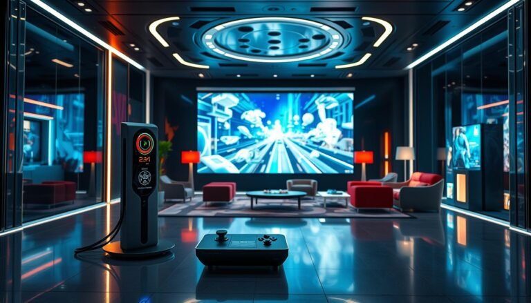 A futuristic setting showcasing "3A" entertainment technology. In the foreground, a sleek and modern gaming console stands with illuminated buttons, surrounded by high-tech gaming accessories. The middle ground features a large, vibrant screen displaying an engaging 3D holographic game scene, with dynamic visuals that suggest immersive gameplay. In the background, a stylish, high-tech gaming lounge with comfortable seating and ambient lighting creates a welcoming atmosphere. Use dramatic, diffused lighting to enhance the futuristic feel, capturing reflections on glass surfaces. The mood is energetic and innovative, reflecting the cutting-edge nature of 3A entertainment technology. No people are depicted in the image to maintain focus on the technology.
