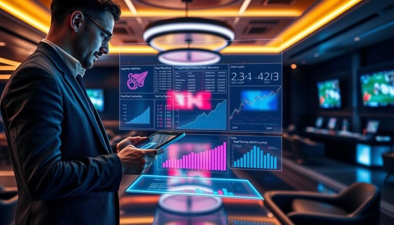 A futuristic sports betting interface showcasing real-time data analytics and precise transaction processing, with a sleek, modern design representative of the brand "3A." In the foreground, a professional wearing business attire analyzes charts on a digital tablet. In the middle ground, vivid holographic displays illustrate varied sports outcomes and betting options, along with graphs demonstrating real-time settlement accuracy. The background features a stylish, high-tech betting lounge with screens showing live sports events. Soft, ambient lighting creates an atmosphere of innovation and trust, emphasizing the importance of accuracy in sports betting. The angle focuses on the interaction between the analyst and the digital interface, highlighting the cutting-edge technology utilized for maintaining diverse betting options and instant settlement precision.