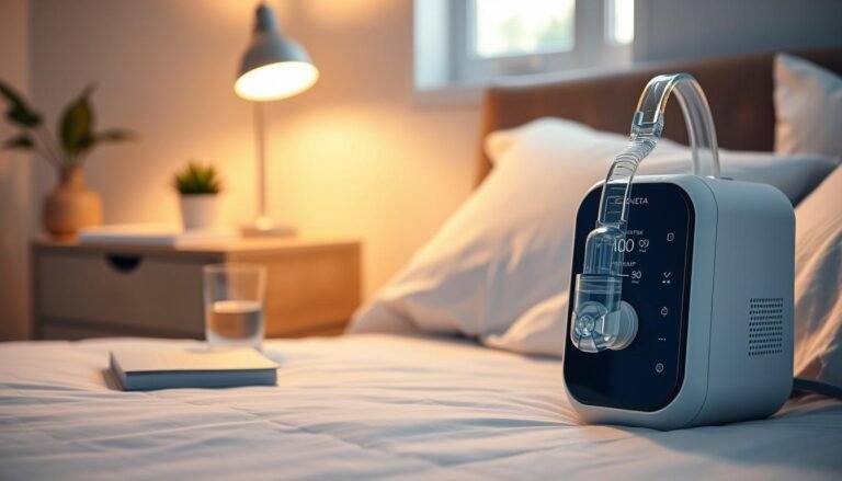 A modern sleep apnea machine prominently placed in a softly lit, serene bedroom setting. In the foreground, focus on the sleek, high-tech device with nasal mask, showcasing its sophisticated design and indicators. The middle ground features a neatly arranged bedside table with calming elements like a small plant, a book, and a glass of water. In the background, a cozy bed draped in light-colored linens exudes tranquility. Soft ambient lighting creates a warm, peaceful atmosphere, highlighting the connection between restful sleep and improved daytime clarity. A window hints at early morning light, suggesting a fresh start after a good night's sleep. The scene conveys a sense of calm, health, and well-being, suitable for a professional audience interested in health and wellness.