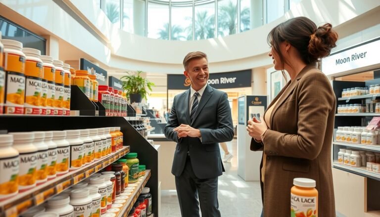 A bright and inviting scene inside Moon River Mall, showcasing a dedicated section for Maca products. In the foreground, elegantly arranged shelves display various Maca supplements, featuring vibrant packaging and labels highlighting their health benefits. The middle ground includes a professional-looking sales associate, donned in smart business attire, engaging with a customer who appears curious and interested. The background features the mall's airy architecture, with large windows allowing natural light to illuminate the space, creating a warm and welcoming atmosphere. The overall mood is one of wellness and vitality, emphasizing the importance of choosing the right Maca products for health-conscious professionals. The angle captures the interaction between the customer and sales associate, focusing on the products while maintaining a cozy mall ambiance.