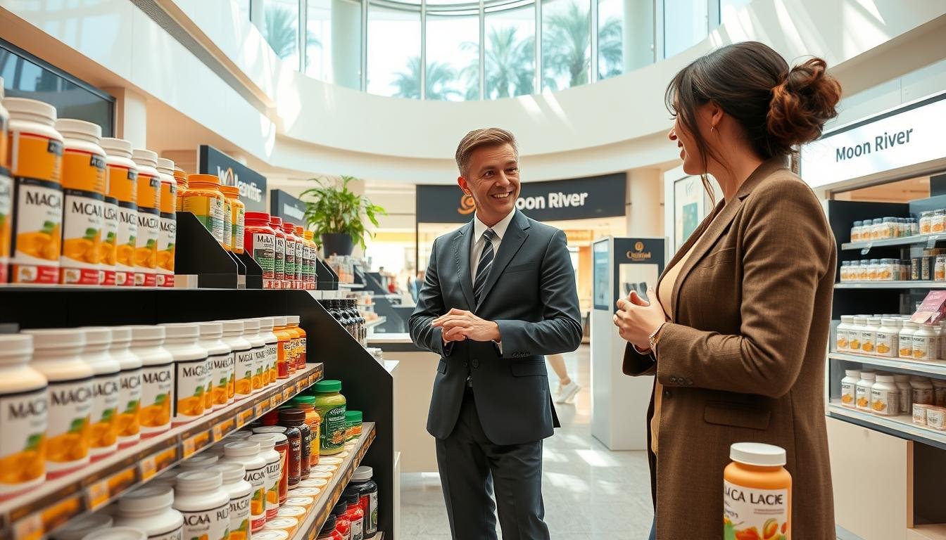 A bright and inviting scene inside Moon River Mall, showcasing a dedicated section for Maca products. In the foreground, elegantly arranged shelves display various Maca supplements, featuring vibrant packaging and labels highlighting their health benefits. The middle ground includes a professional-looking sales associate, donned in smart business attire, engaging with a customer who appears curious and interested. The background features the mall's airy architecture, with large windows allowing natural light to illuminate the space, creating a warm and welcoming atmosphere. The overall mood is one of wellness and vitality, emphasizing the importance of choosing the right Maca products for health-conscious professionals. The angle captures the interaction between the customer and sales associate, focusing on the products while maintaining a cozy mall ambiance.