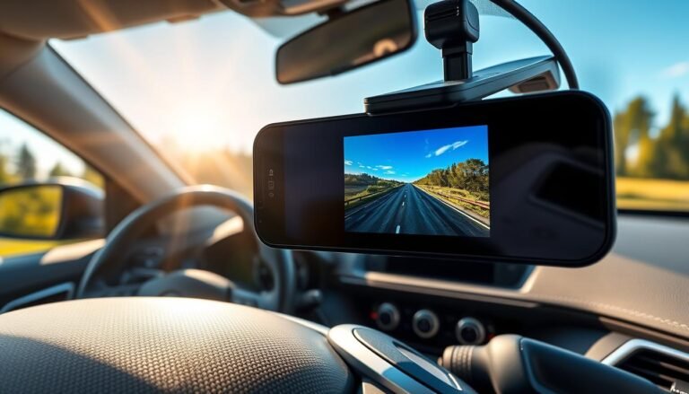 A close-up view of a car dashboard featuring a sleek, modern dashcam prominently displayed. The foreground captures the illuminated screen of the dashcam, showcasing a high-resolution recording in action, with a scenic highway reflected. The middle ground includes the steering wheel and a textured leather interior, suggesting a luxurious vehicle. In the background, an expansive, sunlit road stretches into the horizon, framed by green trees and a clear blue sky, evoking a sense of safety and journey. The lighting is bright and natural, emphasizing clarity and detail, enhancing the importance of the dashcam in providing security. The overall mood is professional and informative, symbolizing the critical role of dashcams in road safety.