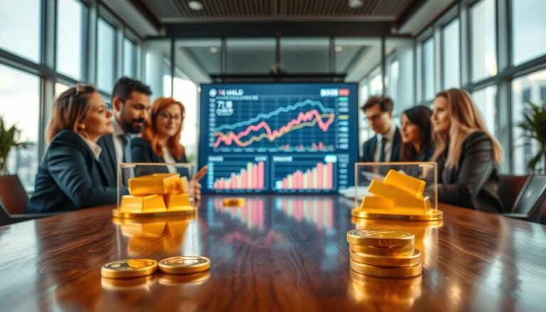 A detailed market analysis scene focused on gold price fluctuations, specifically showcasing the value of gold measured in "一錢." In the foreground, a polished wooden table displays gold coins and bars, reflecting their shiny surfaces under warm, soft lighting. In the middle, a diverse group of professionals in business attire examines charts and graphs projected on a sleek digital screen, highlighting recent trends in gold prices. Their expressions convey a sense of curiosity and concern. The background features a modern office with large windows, allowing natural light to flood in, creating an optimistic atmosphere. The overall mood is one of focused analysis and financial insight, emphasizing the importance of understanding gold price movements.