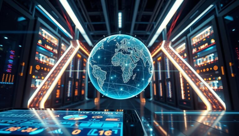 A futuristic digital rendering of a global synchronization system for lottery games, focusing on the technical aspects and intricate design. In the foreground, a sleek touchscreen interface displays real-time data analytics with glowing numbers and charts. The middle layer features a transparent globe with luminous lines connecting major cities, symbolizing global connectivity and synchronized data exchange. In the background, a modern, high-tech server room is visible, filled with illuminated servers and cables, emphasizing advanced technology. The lighting is bright and dynamic, creating a professional yet engaging atmosphere. The scene conveys a sense of innovation and efficiency in the lottery gaming industry without any text or human figures, ensuring a clear focus on the technology.
