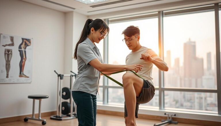 A modern physical therapy clinic in Hong Kong, focused on meniscus rehabilitation. In the foreground, a female therapist in professional attire is guiding a male patient through a knee-strengthening exercise using resistance bands. The midground features exercise equipment and anatomical posters depicting knee biomechanics. The background shows a large window with a view of Hong Kong's skyline, bathed in warm, natural light. The atmosphere is calm and professional, highlighting a sense of recovery and hope. The scene is captured from a slightly elevated angle, with soft, focused lighting to enhance the sense of motion and dedication in the therapy process.