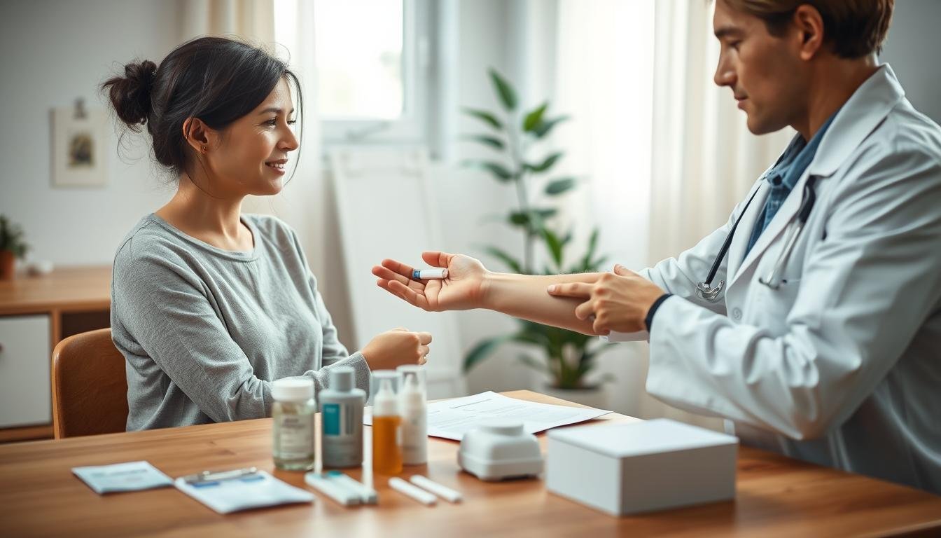 A serene clinic environment focusing on eczema treatment, featuring a professional healthcare provider in a white coat examining a patient's forearm with a gentle expression. The patient, dressed in modest casual clothing, looks hopeful and engaged in the consultation. In the foreground, a wooden table with medical supplies like allergy test kits and skincare products. The middle ground showcases medical charts and a soothing plant, adding a touch of nature. The background includes soft, natural lighting filtering in through a window, creating a calm and inviting atmosphere. The depth of field is slightly blurring the background to emphasize the interaction between the patient and healthcare provider, conveying a sense of trust and professionalism in eczema treatment.