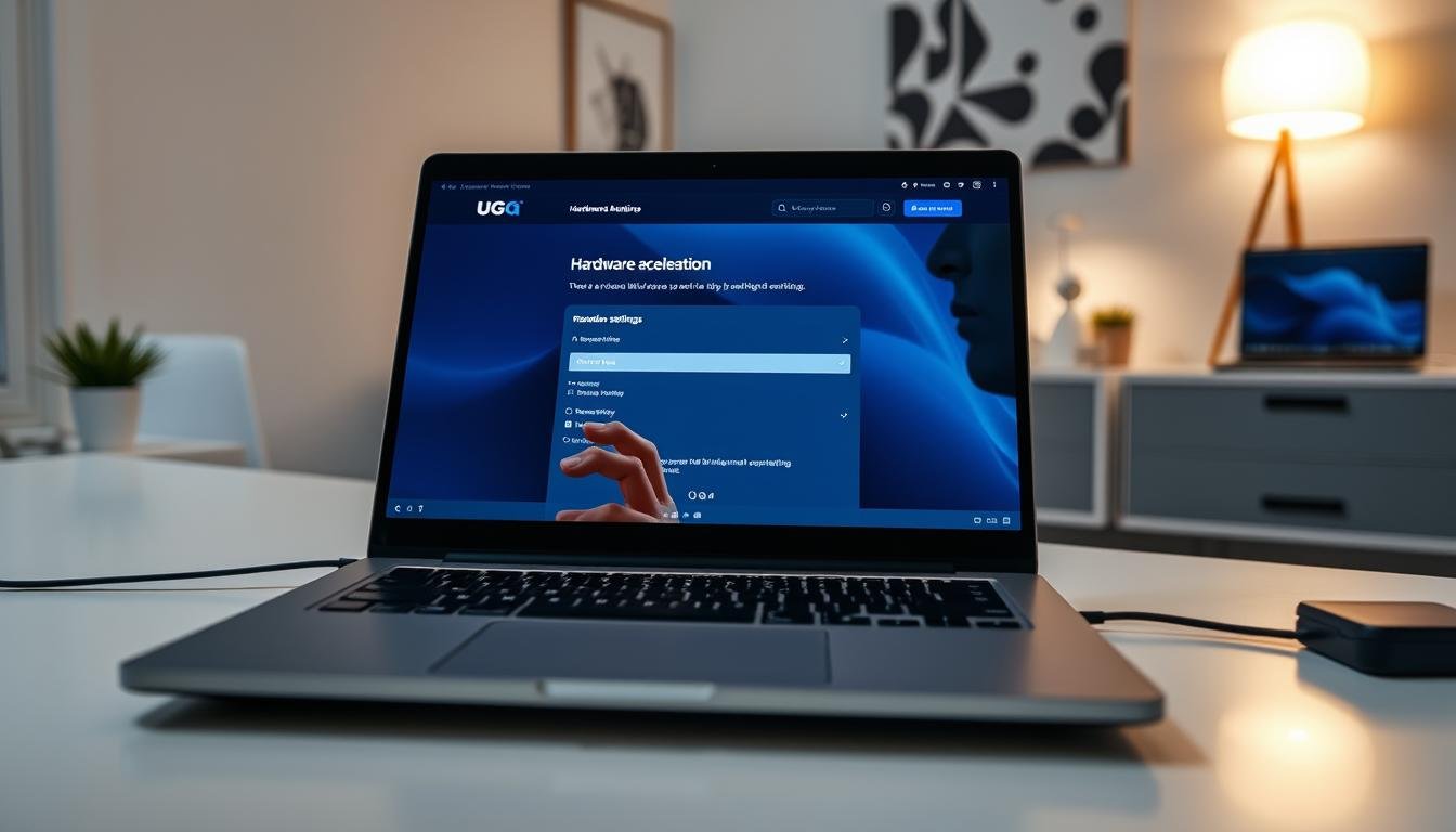 A sleek, modern laptop sits on a minimalist desk, displaying the UG娛樂城 website interface. The screen is vibrant, showcasing a clear view of the hardware acceleration settings page. In the foreground, a close-up of the laptop keyboard reveals a user's hands, dressed in smart casual attire, adjusting the settings. The middle layer features an open laptop with a soft glow emanating from the screen, illuminating the user's focused expression. The background shows a softly lit room with subtle technology-themed decor, conveying a sense of calm and productivity. Ambient lighting enhances the mood, emphasizing the modernity and functionality of the technology being utilized.