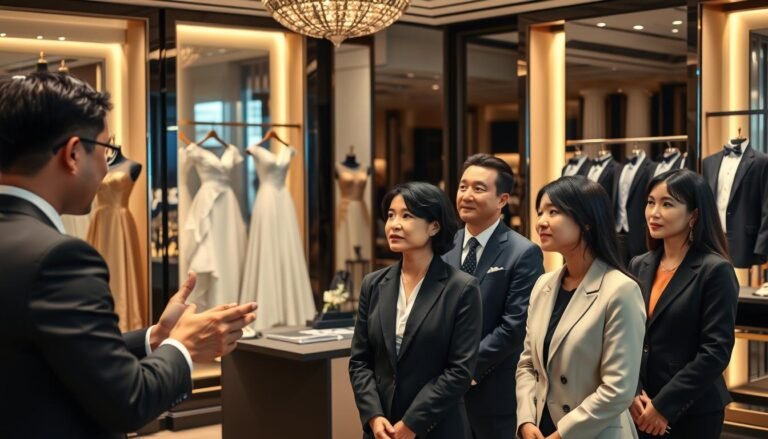 A sophisticated interior of a high-end Taipei formal wear store, showcasing an elegant training session for new public relations employees. In the foreground, a diverse group of four professionals, dressed in business attire, attentively listening to an instructor at the front, who is gesturing towards a presentation on fashion and international current events. The middle features luxurious display racks of exquisite gowns and suits that reflect style and elegance. In the background, soft, warm lighting enhances the opulence of the store, while large mirrors and tasteful decor create an inviting atmosphere. The scene conveys a sense of professionalism, learning, and sophistication, with an air of luxury emanating from the surroundings. The composition should focus on interaction and engagement among the participants.