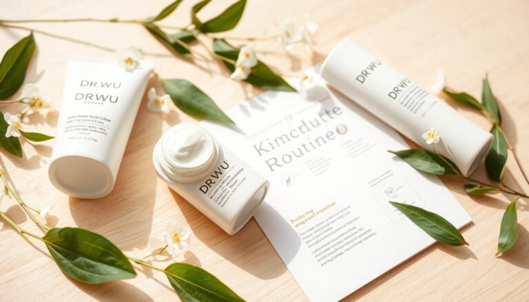 A beautifully arranged flat lay of DR.WU sunscreen products displayed on a light wooden surface. In the foreground, feature a softly lit bottle of DR.WU sunscreen with a modern, elegant design, partially open with a small amount of cream squeezed out to showcase its texture. Surround the sunscreen with fresh green leaves and delicate white flowers to evoke a sense of nature and skincare purity. In the middle ground, include a stylish, minimalist skincare routine guide laid beside the products, highlighting the recommended application techniques. The background should be softly blurred to focus on the products while maintaining a warm and inviting atmosphere. The lighting should be bright and soft, imitating natural daylight to enhance the inviting mood of the composition.