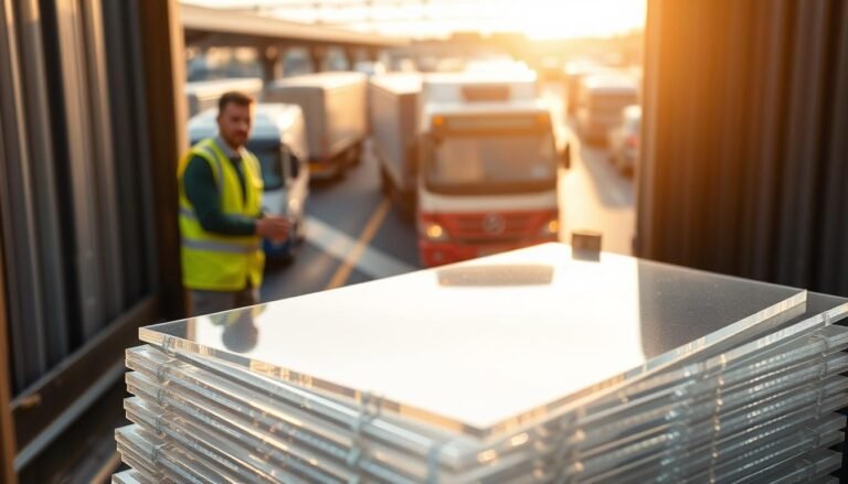 A close-up view of flat polycarbonate sheets being carefully loaded onto a logistics truck, showcasing the transparency and durability of the material. In the foreground, focus on shiny, lightweight polycarbonate sheets stacked neatly, glistening under bright natural light. The mid-ground features a professional worker in a safety vest, handling the sheets with precision, their expression focused on the task. In the background, a blurred transportation hub with various vehicles, like buses and trucks, creates a dynamic urban atmosphere. The scene is illuminated with soft, warm sunlight, enhancing the clarity and color of the polycarbonate. The overall mood conveys efficiency, modernity, and reliability in transportation applications, emphasizing the importance of high-quality materials in vehicle manufacturing.