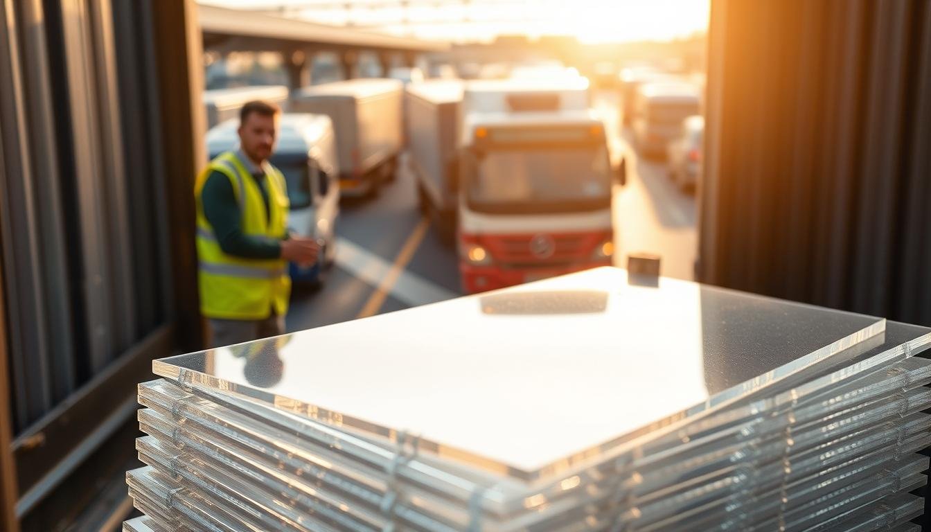 A close-up view of flat polycarbonate sheets being carefully loaded onto a logistics truck, showcasing the transparency and durability of the material. In the foreground, focus on shiny, lightweight polycarbonate sheets stacked neatly, glistening under bright natural light. The mid-ground features a professional worker in a safety vest, handling the sheets with precision, their expression focused on the task. In the background, a blurred transportation hub with various vehicles, like buses and trucks, creates a dynamic urban atmosphere. The scene is illuminated with soft, warm sunlight, enhancing the clarity and color of the polycarbonate. The overall mood conveys efficiency, modernity, and reliability in transportation applications, emphasizing the importance of high-quality materials in vehicle manufacturing.