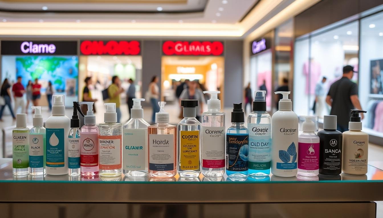 A modern and inviting display of water-based lubricants featured prominently in a mall setting, specifically at Moon River Mall. In the foreground, an assortment of elegantly styled lubricant bottles, showcasing diverse shapes and labels, arranged on a sleek glass shelf. The middle section includes a backdrop of colorful, softly illuminated storefronts, with shoppers casually exploring. The background captures the essence of a bustling mall environment, with soft, ambient lighting highlighting the vibrancy of the space. The atmosphere is friendly and approachable, evoking a sense of curiosity and wellness. The lens angle is slightly elevated, focusing on the product selection while maintaining a natural perspective of the surrounding mall life. No people are included in the image, ensuring a professional and safe representation.