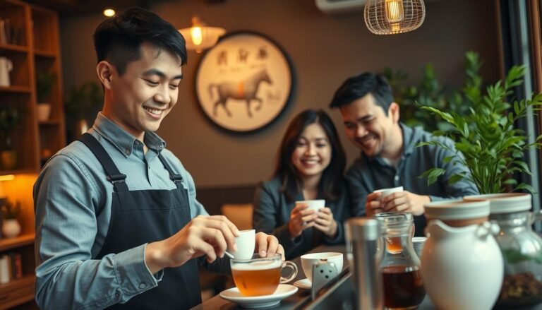 A scene in a cozy, inviting tea shop in Taichung, focused on a warm atmosphere that conveys consumer safety and comfort. In the foreground, a friendly barista in professional attire is preparing a cup of tea, displaying meticulous attention to hygiene and care. In the middle, a couple enjoys their freshly brewed tea, smiling and relaxed, showcasing a sense of security and contentment. The background features soft lighting with decorative plants and wooden accents, enhancing a warm, cinematic vibe. The image captures a 4:3 aspect ratio, creating an intimate and welcoming ambiance, urging consumers to feel at ease while enjoying their tea experience.