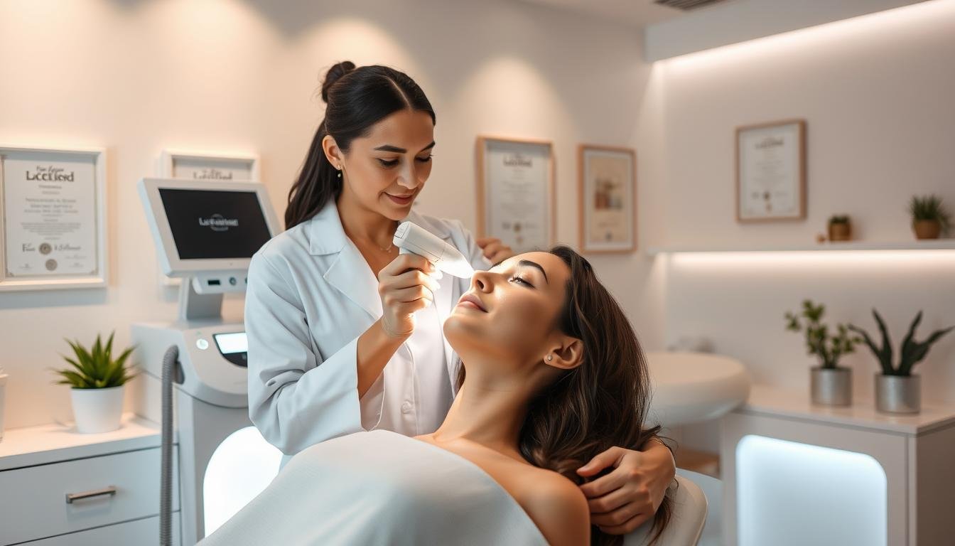 A serene and professional skincare clinic environment showcasing a pico laser treatment setup. In the foreground, a skilled aesthetician in a crisp white lab coat is attentively applying the pico laser on a client's face, who is relaxed and wearing a modest clinic gown. The middle ground features advanced laser equipment with soft lighting highlighting its sleek design. The background includes calming pastel-colored walls adorned with certificates of excellence and subtle plant decorations for a touch of warmth. The atmosphere conveys a sense of professionalism and tranquility, emphasizing the importance of advanced skincare treatments. The lighting is bright yet soft, creating an inviting ambiance that showcases the blend of technology and care in modern aesthetics.