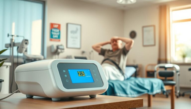 A serene healthcare setting featuring a modern sleep apnea machine prominently in the foreground, showcasing its sleek design with soft blue lights indicating operation. In the middle ground, a patient, dressed in comfortable yet professional attire, is engaging in rehabilitation exercises post-stroke, demonstrating the connection between the use of a sleep machine and recovery. The background depicts a bright, well-lit therapy room with medical equipment, motivational posters, and a window allowing natural light to flood in, creating an optimistic atmosphere. The scene conveys a sense of hope and resilience, with warm lighting enhancing the inviting and supportive environment, captured from a slightly elevated angle to emphasize the space and relationships between elements.