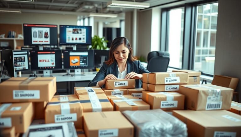 A bustling modern office environment showcasing a professional woman in her early 30s, wearing smart business attire, sitting at a sleek desk adorned with multiple monitors displaying different online shopping websites. In the foreground, she's meticulously organizing packages labeled from various retailers, surrounded by shipping supplies like boxes and bubble wrap. The middle scene features a streamlined workflow with postal and packing materials, emphasizing the concept of efficient order consolidation. In the background, a large window allows natural light to flood in, creating a bright and focused atmosphere. The overall mood is one of productivity and professionalism, illustrating the seamless process of combining purchases from multiple sources in a vibrant, dynamic setting.