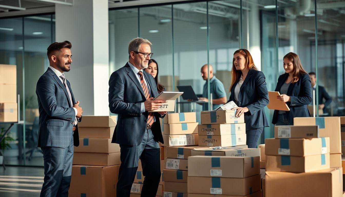 A professional and reassuring scene depicting a modern office environment where packages are being handled with care. In the foreground, a confident, diverse group of individuals in smart business attire is discussing the features of a package protection plan. The middle ground showcases neatly stacked boxes, some being inspected for quality and safety. In the background, a transparent glass wall reveals a delivery area with a courier preparing packages for shipment. Soft, natural lighting floods the space, creating a warm and welcoming atmosphere. The overall mood conveys trust and professionalism, emphasizing the security and reliability of parcel protection services.