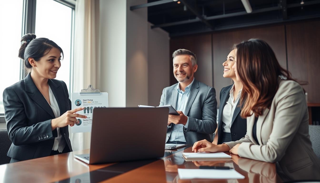 A professional office setting featuring a diverse group of three people discussing quality service recommendations for U.S. purchasing agents. In the foreground, a woman in a smart business suit is pointing at a laptop screen, showcasing product reviews and ratings. Beside her, a man in a casual yet professional outfit is taking notes, and another person, a woman dressed in professional attire, is attentively listening. The middle ground includes an elegant conference table with notepads and pens scattered about. In the background, a bright window lets in natural light, creating a warm and inviting atmosphere. The scene conveys collaboration and professionalism, highlighting the importance of assessing service quality in a friendly, engaging manner. The overall mood is focused and informative, perfect for an article discussing serious topics.