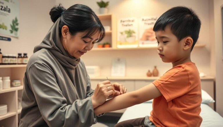 A serene clinic room setting focusing on an acupuncture treatment for children's eczema. In the foreground, a professional acupuncturist, a middle-aged Asian woman in modest attire, gently places acupuncture needles on a young child’s forearm, who looks calm and attentive. The child, a young Asian boy, is seated on an examination table, surrounded by soft, warm lighting that creates a soothing atmosphere. In the middle background, shelves lined with herbal remedies and educational posters about eczema treatment can be seen. The overall mood is peaceful and supportive, emphasizing natural healing and parental guidance during the treatment process. The angle captures both the acupuncturist’s concentration and the child’s comfort, conveying trust and professionalism in holistic care.