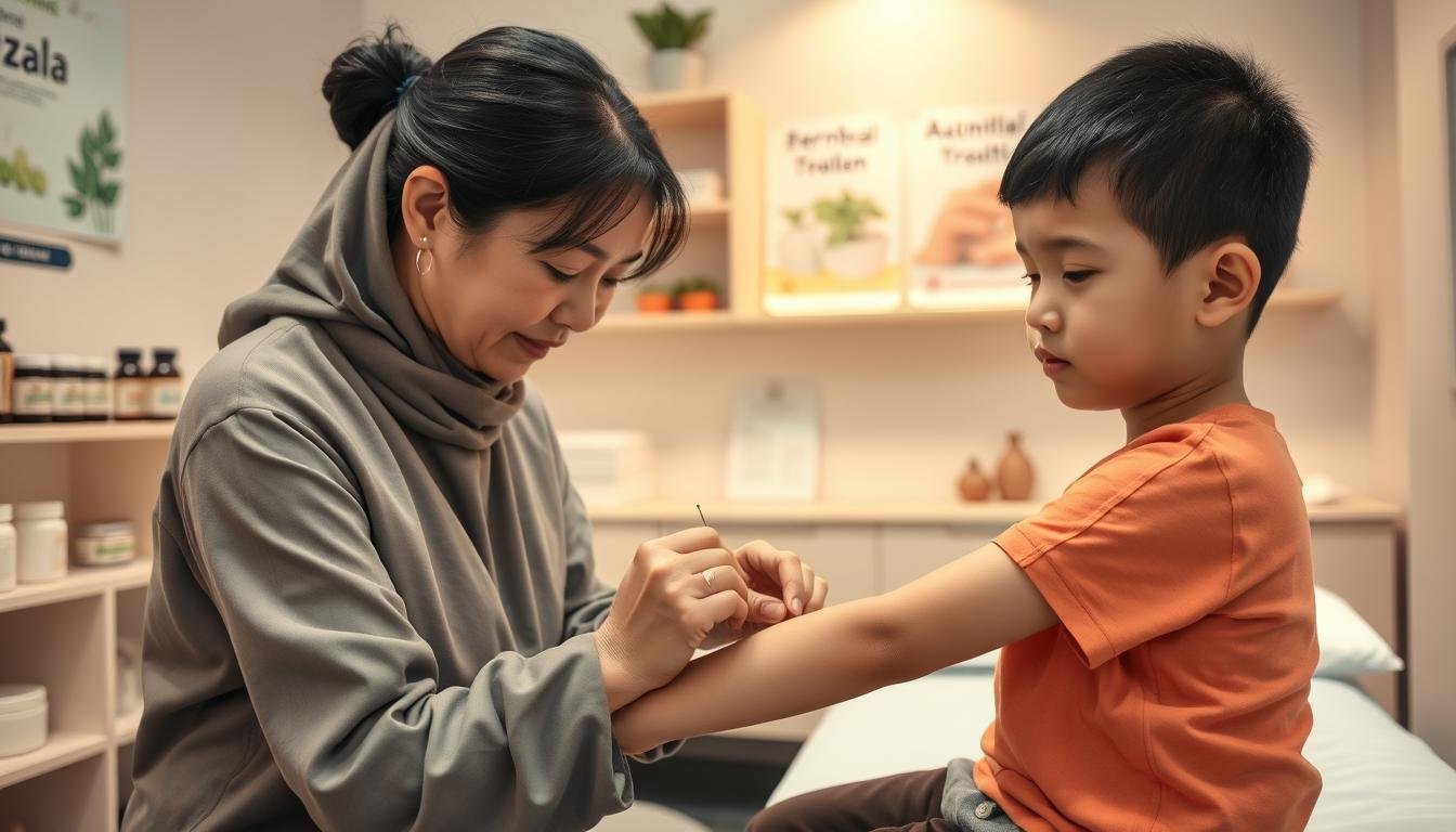 A serene clinic room setting focusing on an acupuncture treatment for children's eczema. In the foreground, a professional acupuncturist, a middle-aged Asian woman in modest attire, gently places acupuncture needles on a young child’s forearm, who looks calm and attentive. The child, a young Asian boy, is seated on an examination table, surrounded by soft, warm lighting that creates a soothing atmosphere. In the middle background, shelves lined with herbal remedies and educational posters about eczema treatment can be seen. The overall mood is peaceful and supportive, emphasizing natural healing and parental guidance during the treatment process. The angle captures both the acupuncturist’s concentration and the child’s comfort, conveying trust and professionalism in holistic care.