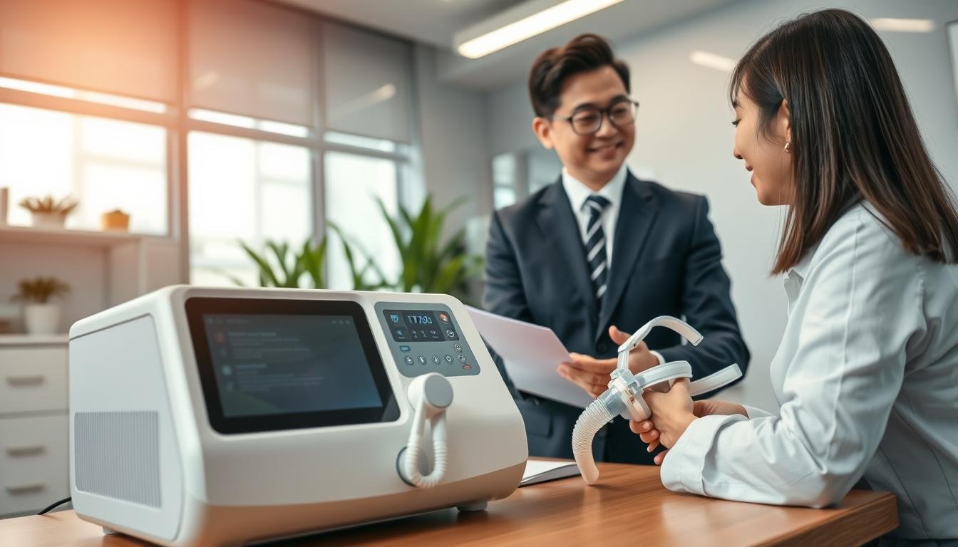 A visually engaging scene in a well-lit, modern healthcare office, featuring a professional, cheerful sleep medicine technician in smart business attire. The technician is demonstrating a high-quality CPAP machine to a client, who is attentively looking at the device. In the foreground, the CPAP machine is sleek and state-of-the-art, with gentle, soft lighting enhancing its features. In the middle ground, a desk is equipped with sleep study materials and brochures about CPAP therapy. The background suggests a calm and inviting atmosphere, with plants and soothing colors. The overall mood reflects professionalism, trust, and support, emphasizing the unique advantages of using Good CPAP services in Hong Kong.