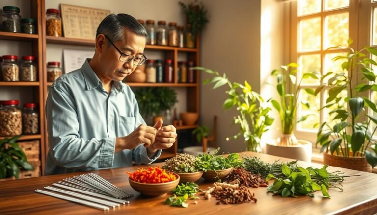 A serene, well-lit traditional Chinese medicine clinic, featuring a practitioner in modest casual clothing preparing herbal remedies for eczema relief. In the foreground, a wooden table displays colorful, fresh herbs and acupuncture needles organized neatly. The practitioner, a middle-aged Asian man, attentively examines a small bowl of herbs, showcasing an emphasis on care and expertise. In the middle ground, shelves filled with jars of dried herbs and acupuncture charts provide a backdrop that reflects a holistic healing atmosphere. The background features soft green plants, symbolizing natural healing, with warm, inviting light filtering through a window, creating a calming mood. The overall atmosphere conveys tranquility and professionalism, emphasizing the integration of herbal medicine and acupuncture in treating eczema.