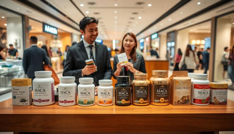 A well-organized product comparison display featuring various maca products from Hong Kong. In the foreground, a polished wooden table showcases a selection of maca supplements in sleek packaging, emphasizing their differences in color and design. In the middle ground, a friendly, professional consultant in business attire explains the products to an interested customer holding a product, surrounded by a warm, inviting atmosphere created by soft, ambient lighting. In the background, the modern interior of Moon River Mall is visible, with shoppers browsing, enhancing the retail context. The overall mood is informative and engaging, reflecting a sense of trust and professionalism in product selection. The image should capture a blend of clarity and warmth, highlighting the significance of making informed choices about maca products.